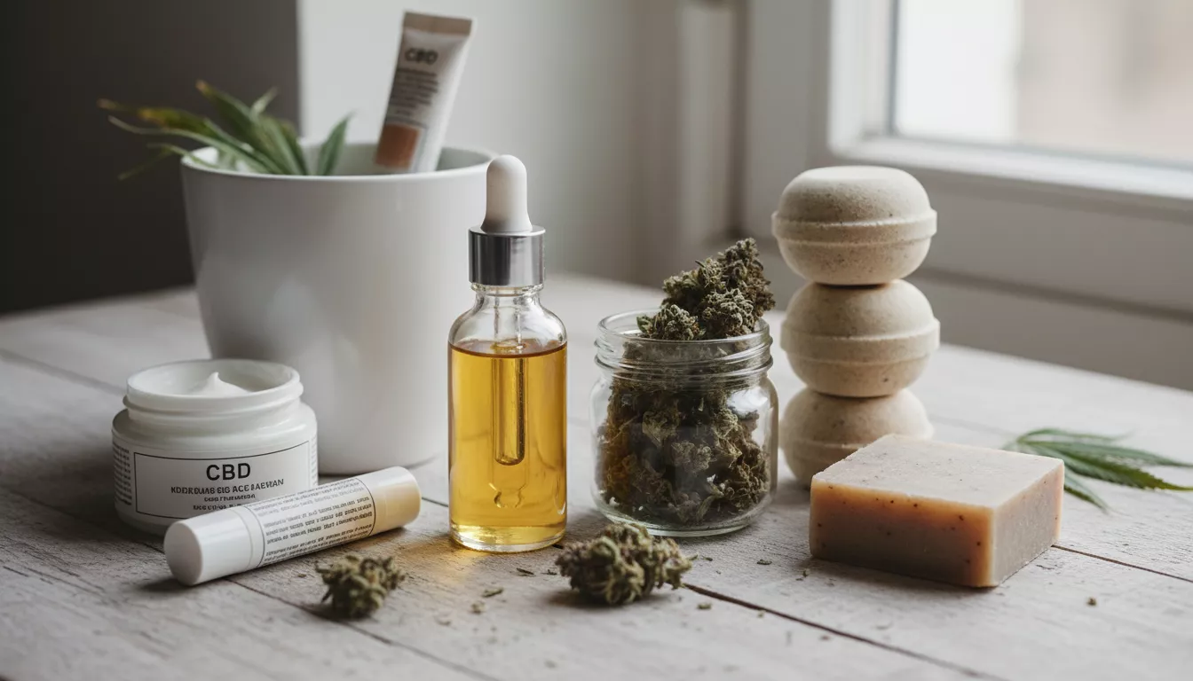 Assortiment de produits CBD variés, incluant une fiole d'huile, des fleurs séchées et des cosmétiques, disposés sur une surface en bois clair.