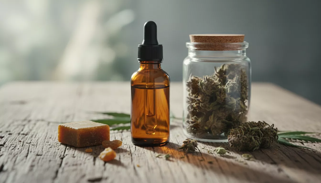 Assortiment varié de produits CBD : un flacon d'huile, des fleurs séchées dans un pot en verre, et une petite barre de résine, disposés sur une table en bois.