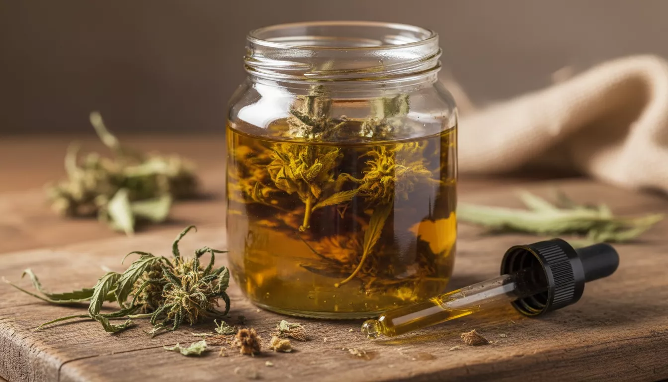 Bocal en verre contenant une infusion de fleurs de chanvre dans de l'huile, posé sur une surface en bois avec une pipette et des feuilles de chanvre séchées, symbolisant la production artisanale.