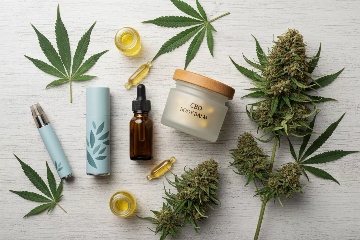 Collection de produits CBD diversifiés : baume, gélules, e-liquide, représentant la polyvalence.