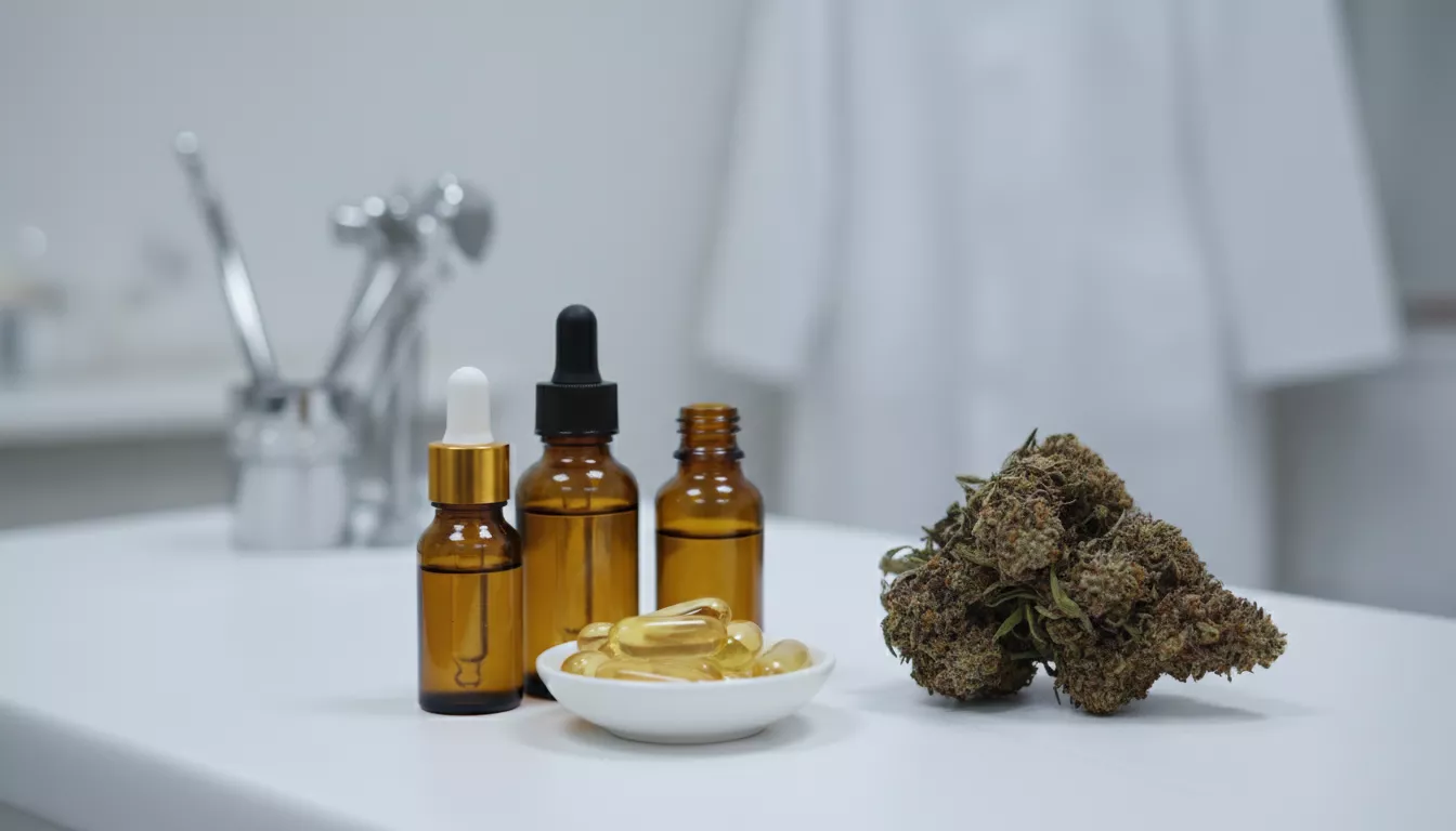 Divers flacons d'huile de CBD, des gélules et une fleur de CBD séchée, posés sur une surface médicale propre.