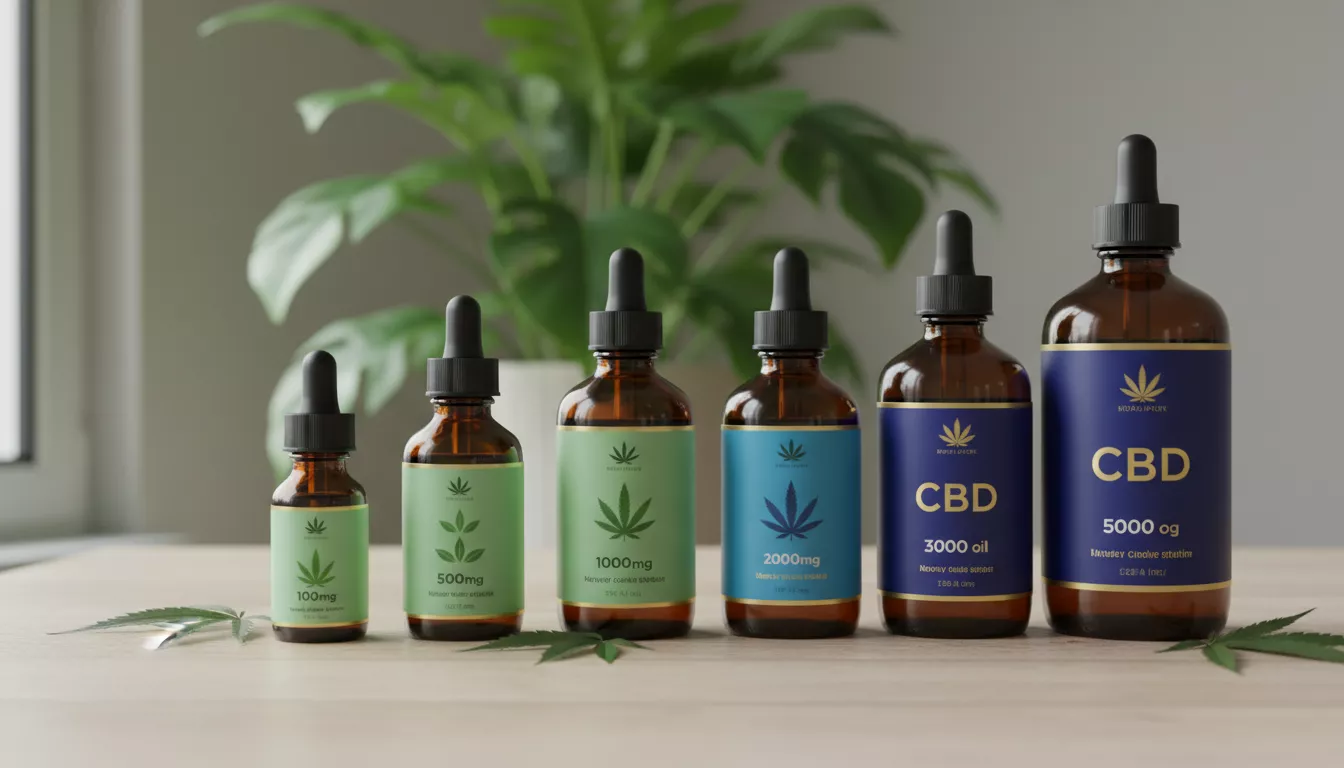Divers flacons d'huiles de CBD de différentes concentrations, disposés sur une table en bois clair avec une plante verte en arrière-plan, illustrant le choix des produits.