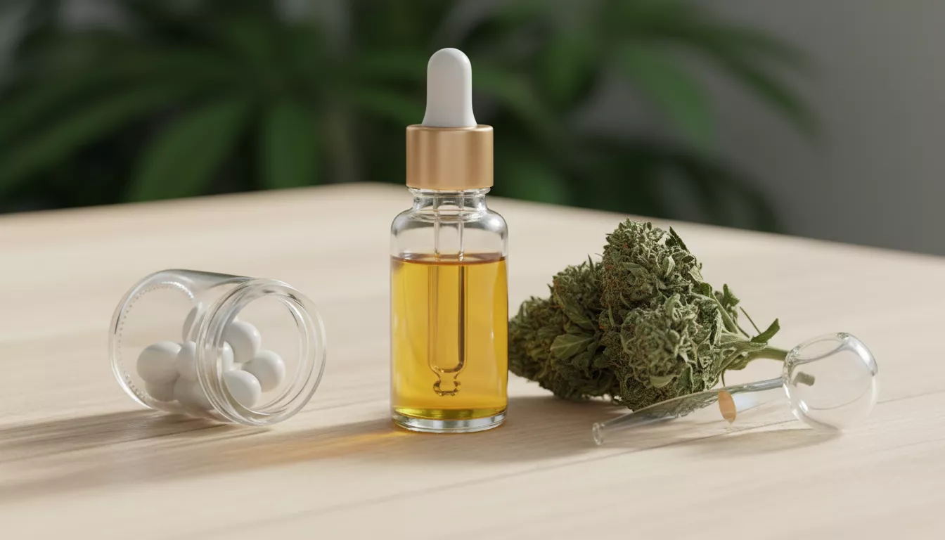 Divers modes de consommation du CBD représentés : une pipette d'huile sublinguale, une fleur de chanvre pour l'inhalation, et des gélules de CBD sur une table en bois clair.