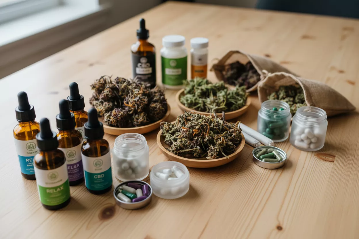 Divers produits au CBD, incluant des huiles, des gélules et des fleurs, disposés sur une table en bois clair, symbolisant la variété des options.