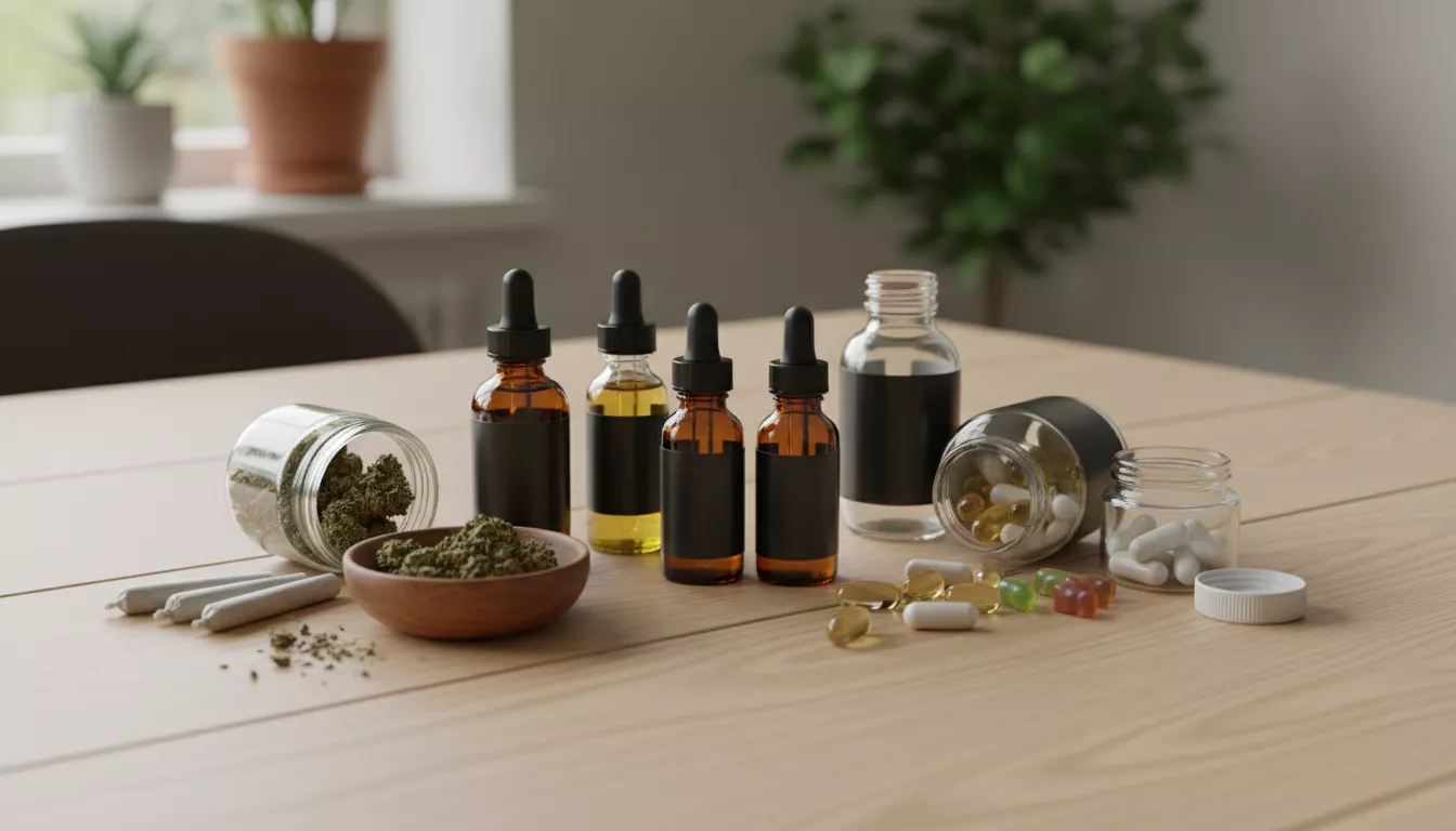 Diverses formes de produits CBD disposées sur une table en bois clair, incluant des flacons d'huile, des gélules et des fleurs séchées, illustrant les options de consommation