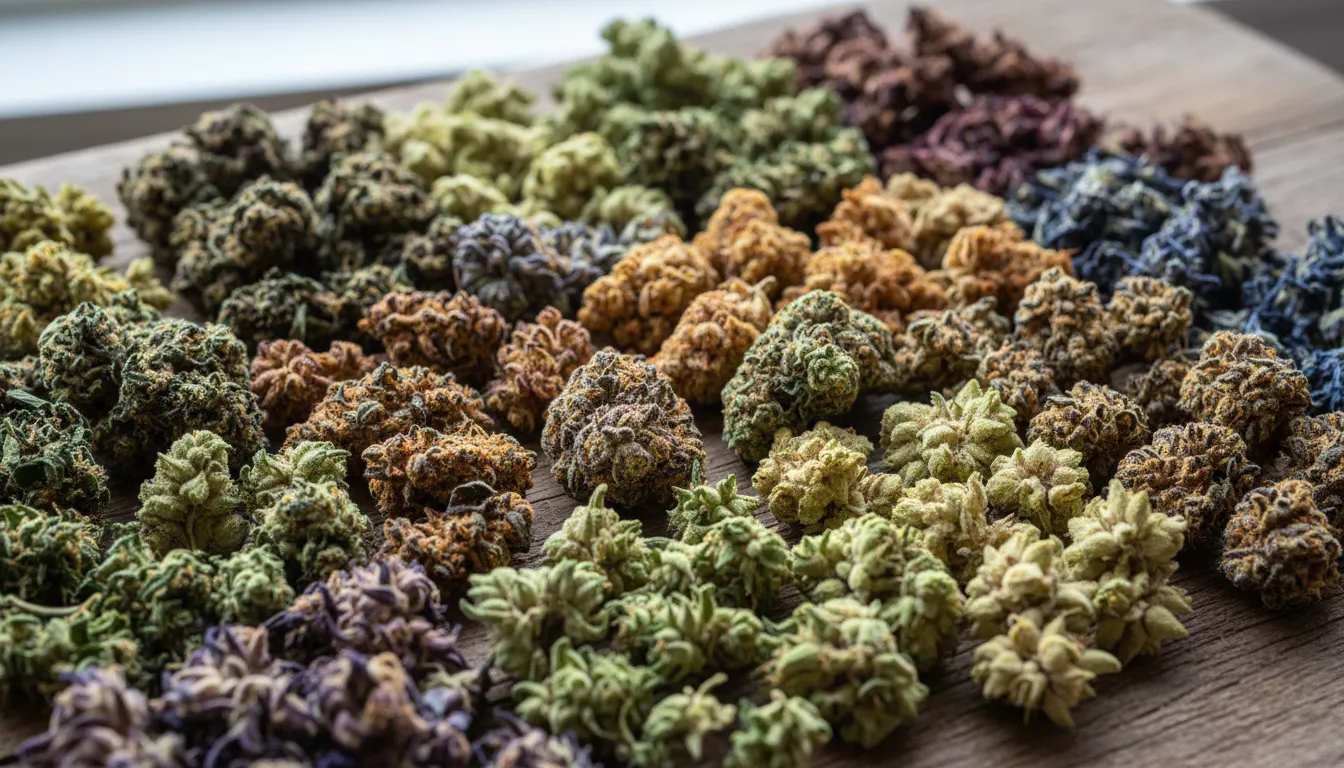 Diversité de fleurs de CBD séchées disposées harmonieusement, mettant en évidence différentes teintes et structures florales, sous une lumière douce