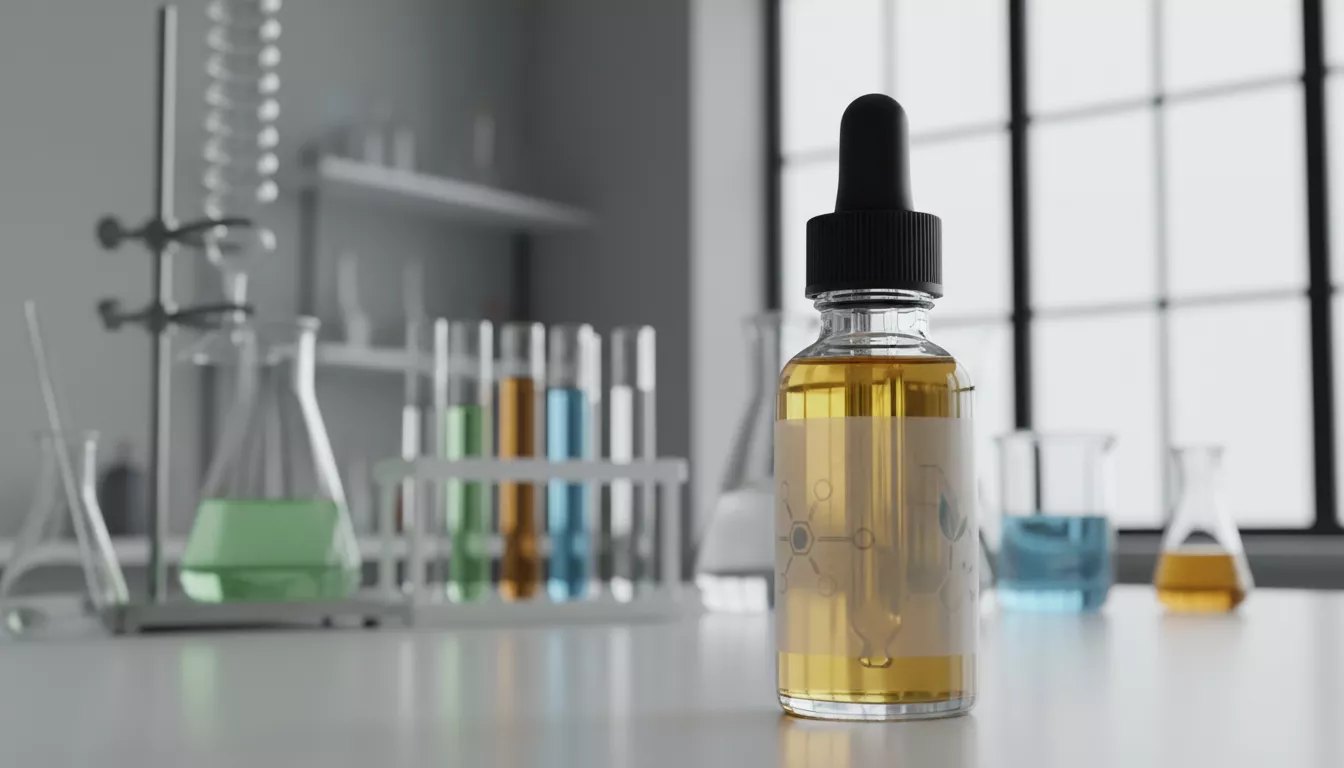 Éprouvettes et matériel de laboratoire en arrière-plan flou avec un flacon d'huile de CBD au premier plan, symbolisant la recherche scientifique sur le CBD.