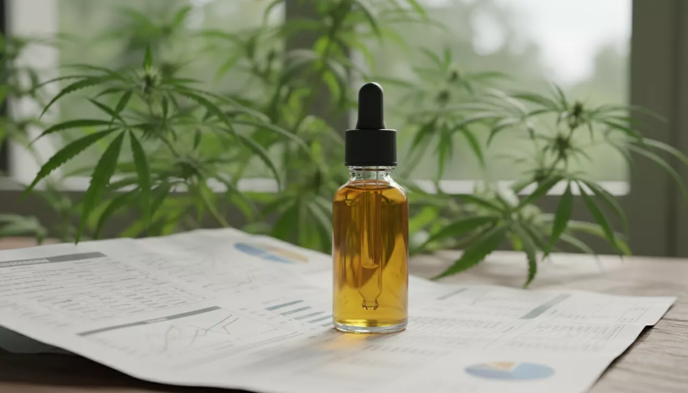Flacon d'huile de CBD posé sur un rapport d'analyse de laboratoire ouvert, avec un arrière-plan flou de plantes de chanvre