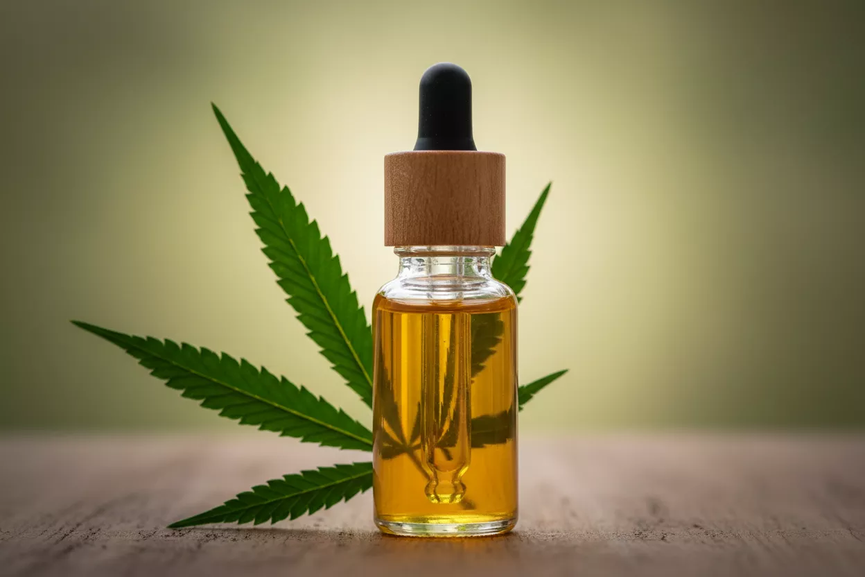 Flacon d'huile de CBD avec une feuille de chanvre en arrière-plan, symbolisant la concentration.