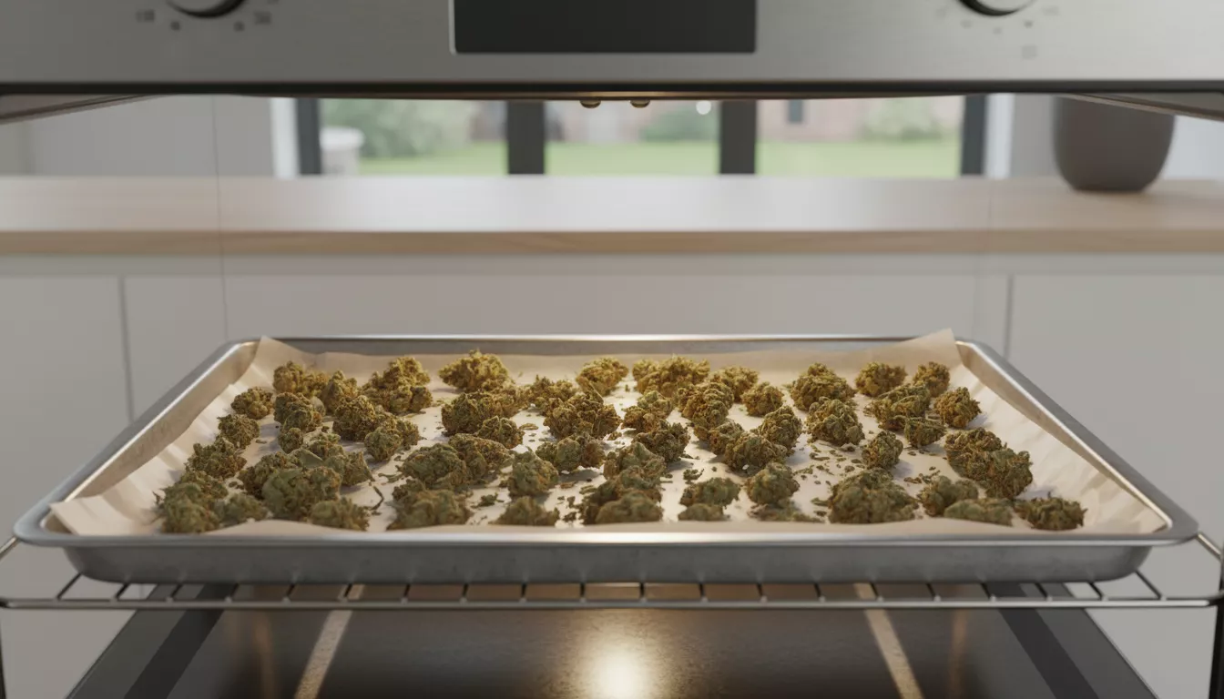 Fleurs de chanvre séchées étalées sur une plaque de cuisson avec du papier sulfurisé, prêtes pour la décarboxylation au four.