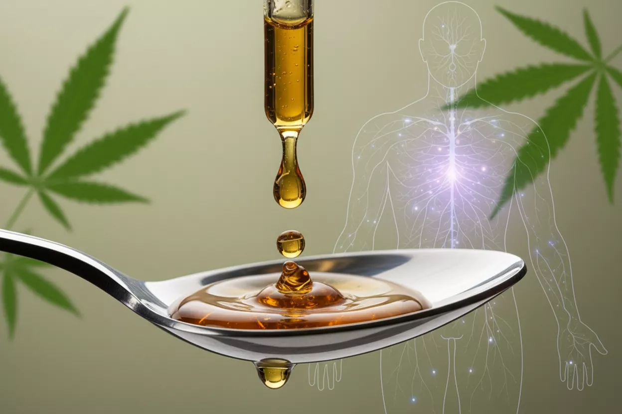 Gouttes de teinture de CBD tombant dans une cuillère, avec en arrière-plan flou, des éléments végétaux de chanvre symbolisant la naturalité et l'action sur le corps.