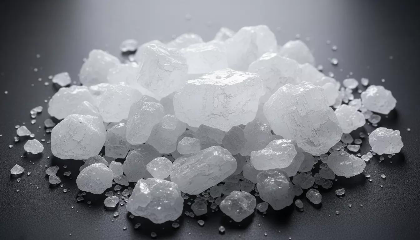 Gros plan sur des cristaux de CBD isolat blancs et translucides, symbolisant la pureté du composé.