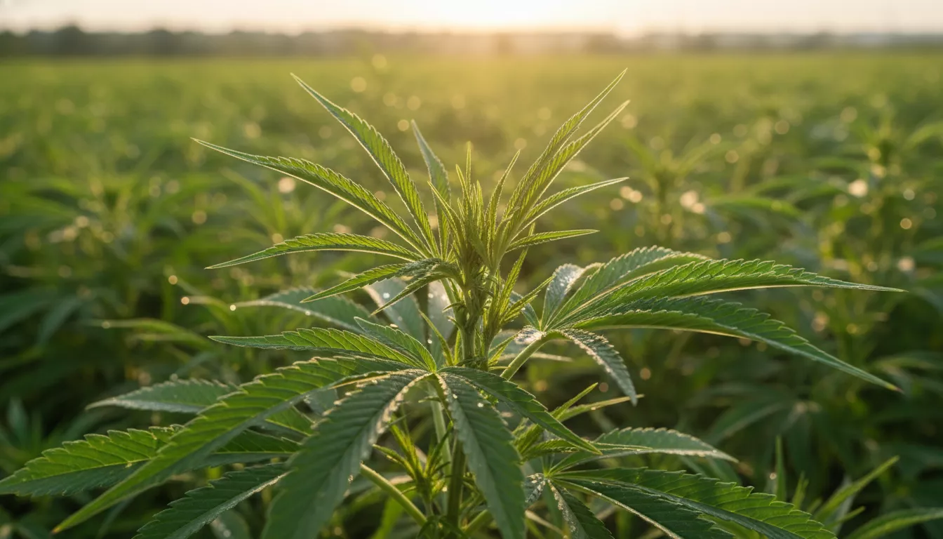 Gros plan sur des feuilles de chanvre poussant dans un champ, sous un soleil doux, symbolisant la légalité de la culture du chanvre industriel.