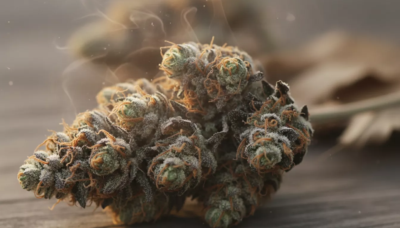 Gros plan sur des fleurs de chanvre séchées, avec des trichomes visibles et des arômes terreux