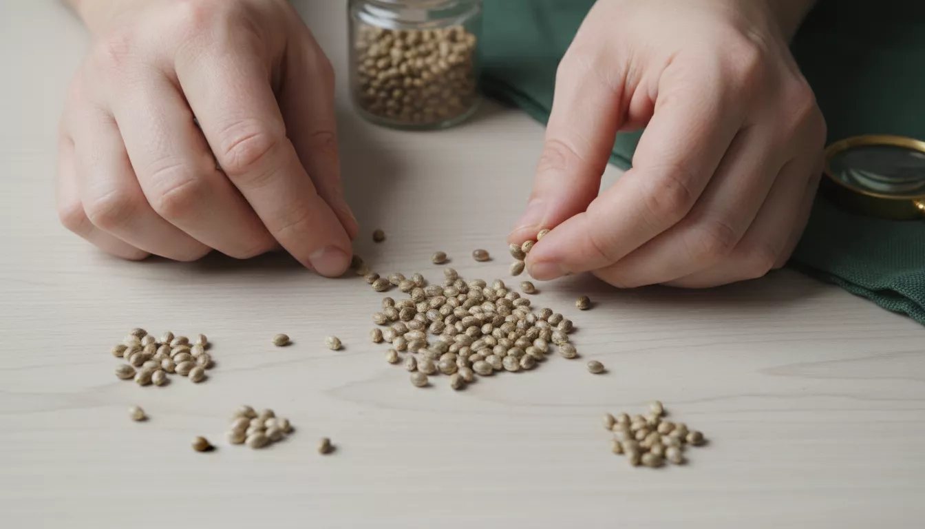 Gros plan sur des mains manipulant des graines de cannabis séchées sur une surface en bois clair, symbolisant l'élevage de variétés