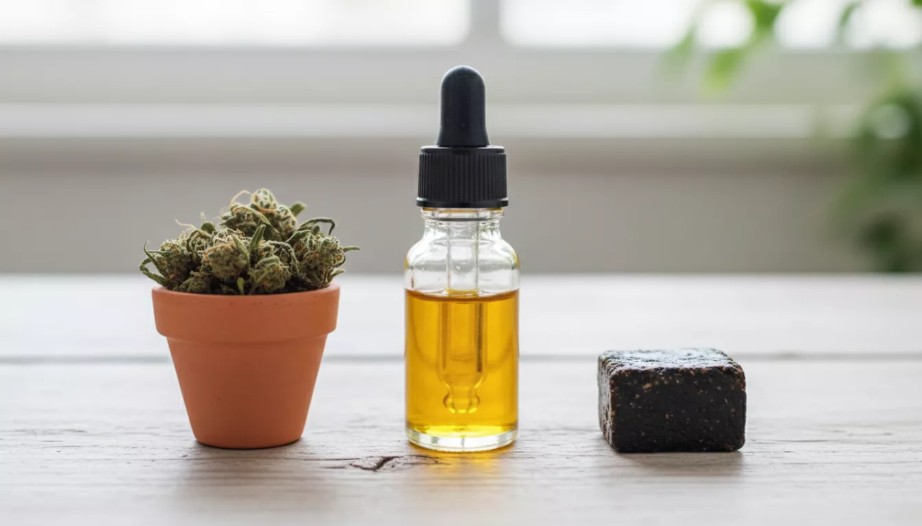 Gros plan sur trois petits récipients alignés : un pot de fleurs de CBD séchées, une fiole d'huile de CBD avec pipette et un petit bloc de résine de CBD, sur une surface en bois claire.