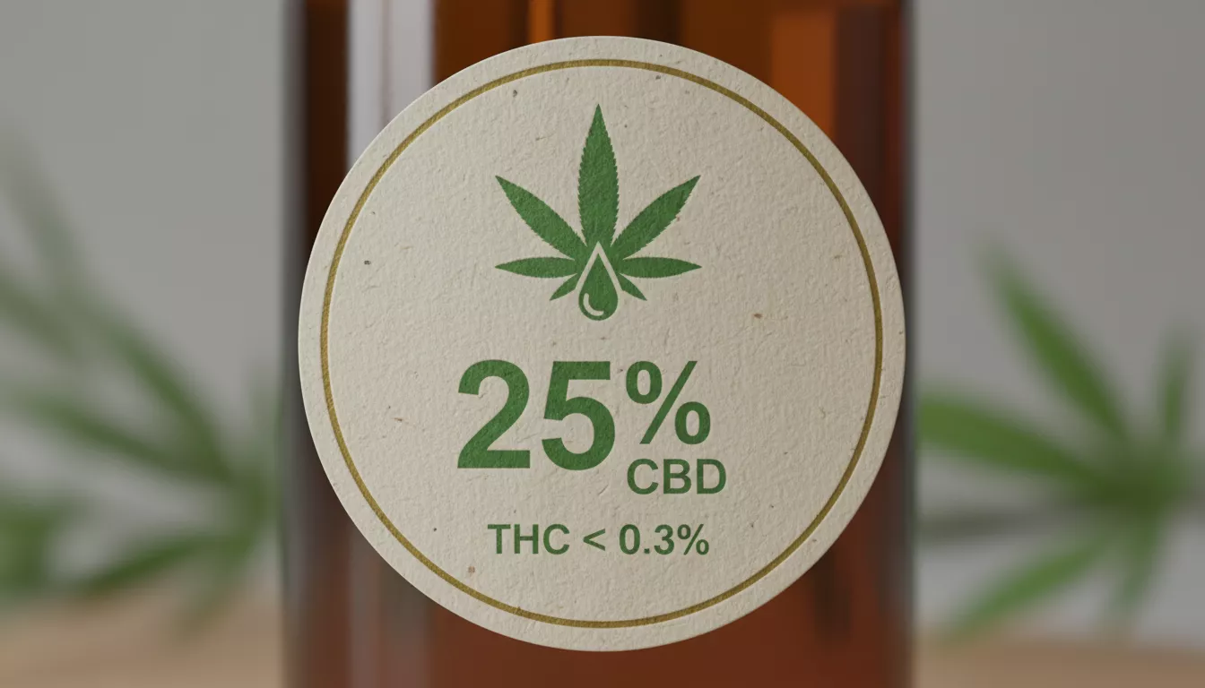 Gros plan sur une étiquette de produit CBD affichant clairement le pourcentage de CBD et le taux de THC inférieur à 0,3%