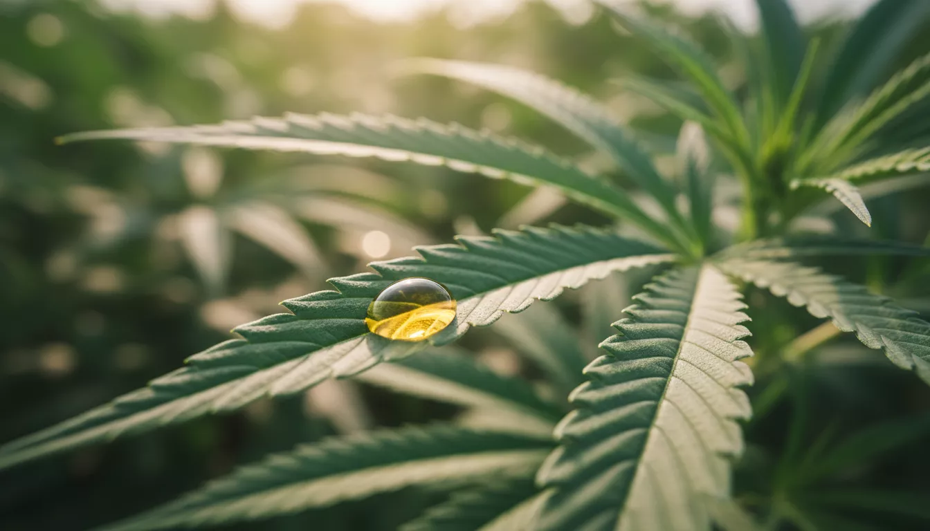 Gros plan sur une feuille de chanvre avec une gouttelette d'huile de CBD, symbolisant l'extraction naturelle et le soulagement.