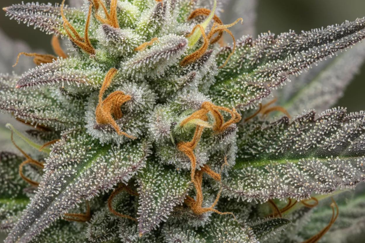 Gros plan sur une fleur de Cannatonic CBD, mettant en évidence sa texture et ses trichomes.