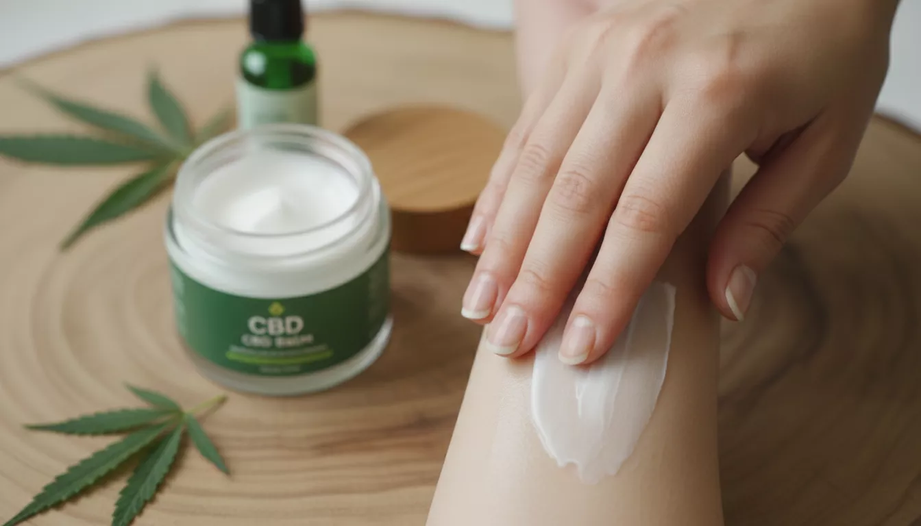Gros plan sur une main appliquant une crème au CBD sur le bras, avec un flacon de baume en arrière-plan.