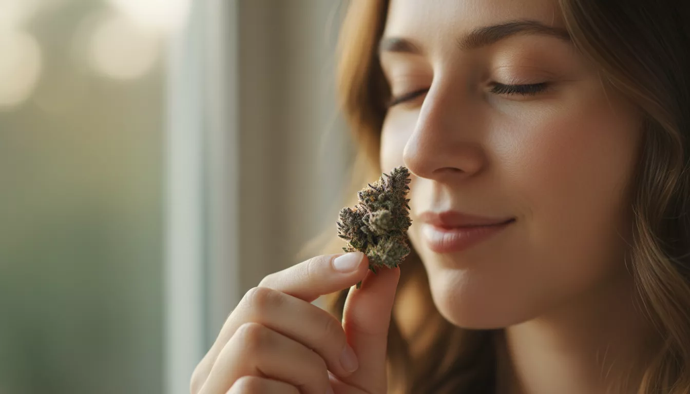 Gros plan sur une personne tenant une petite fleur de CBD et la sentant délicatement, les yeux fermés en signe d'appréciation de l'arôme