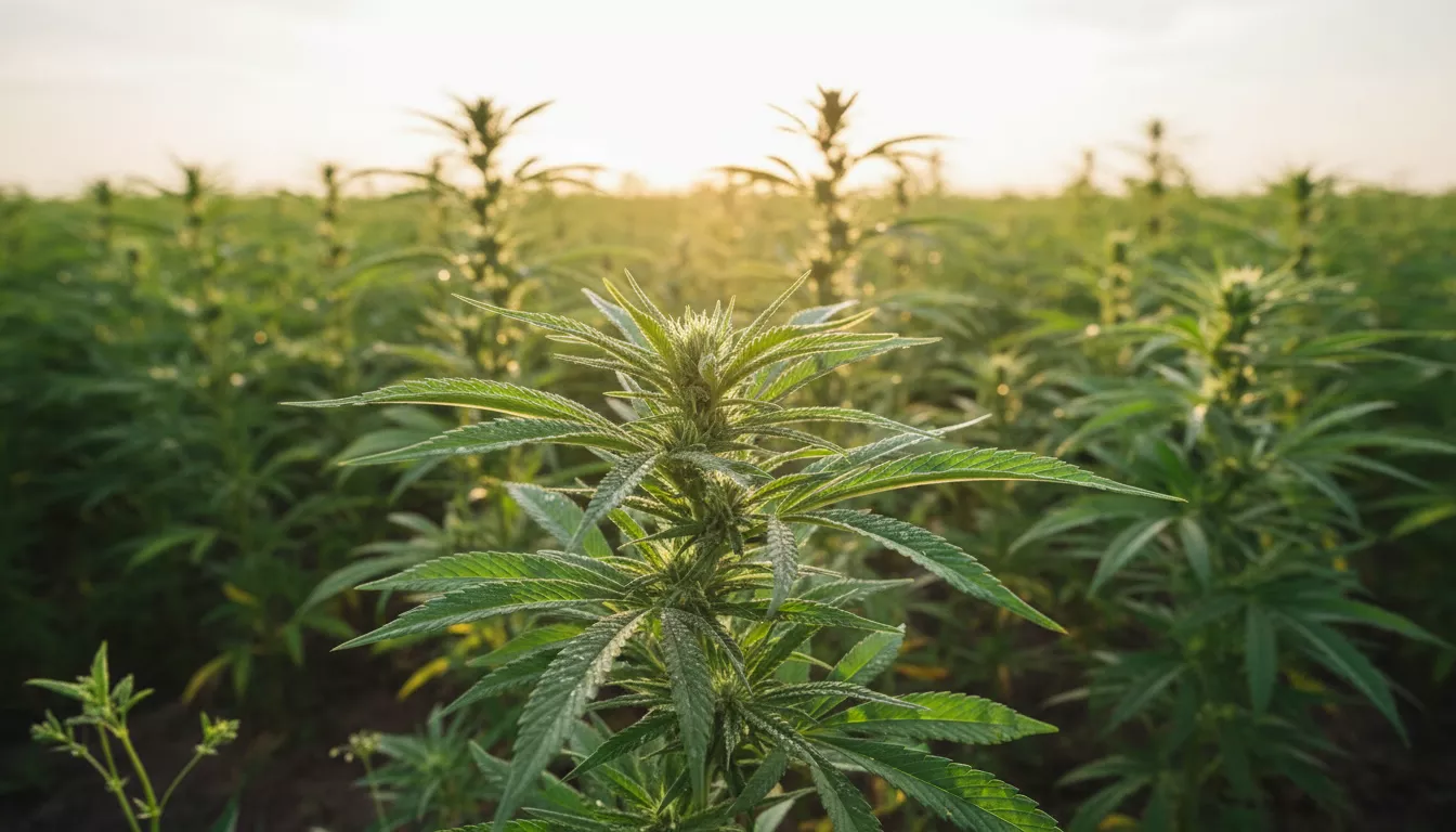 Gros plan sur une plante de chanvre en pleine croissance dans un champ ensoleillé, symbolisant l'origine naturelle et la qualité du CBD.