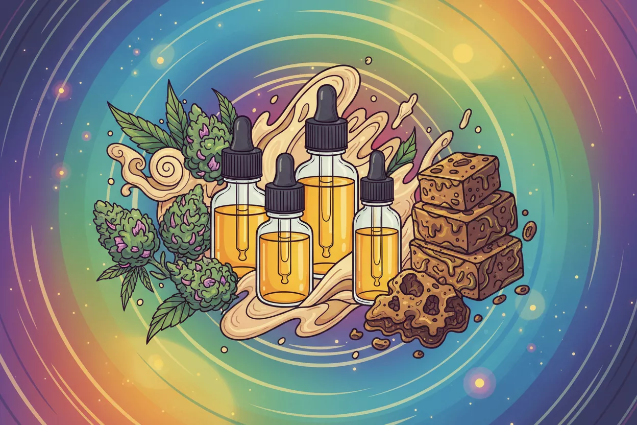 Illustration des différentes formes de CBD, comme les huiles, fleurs et résines, avec des couleurs vives.