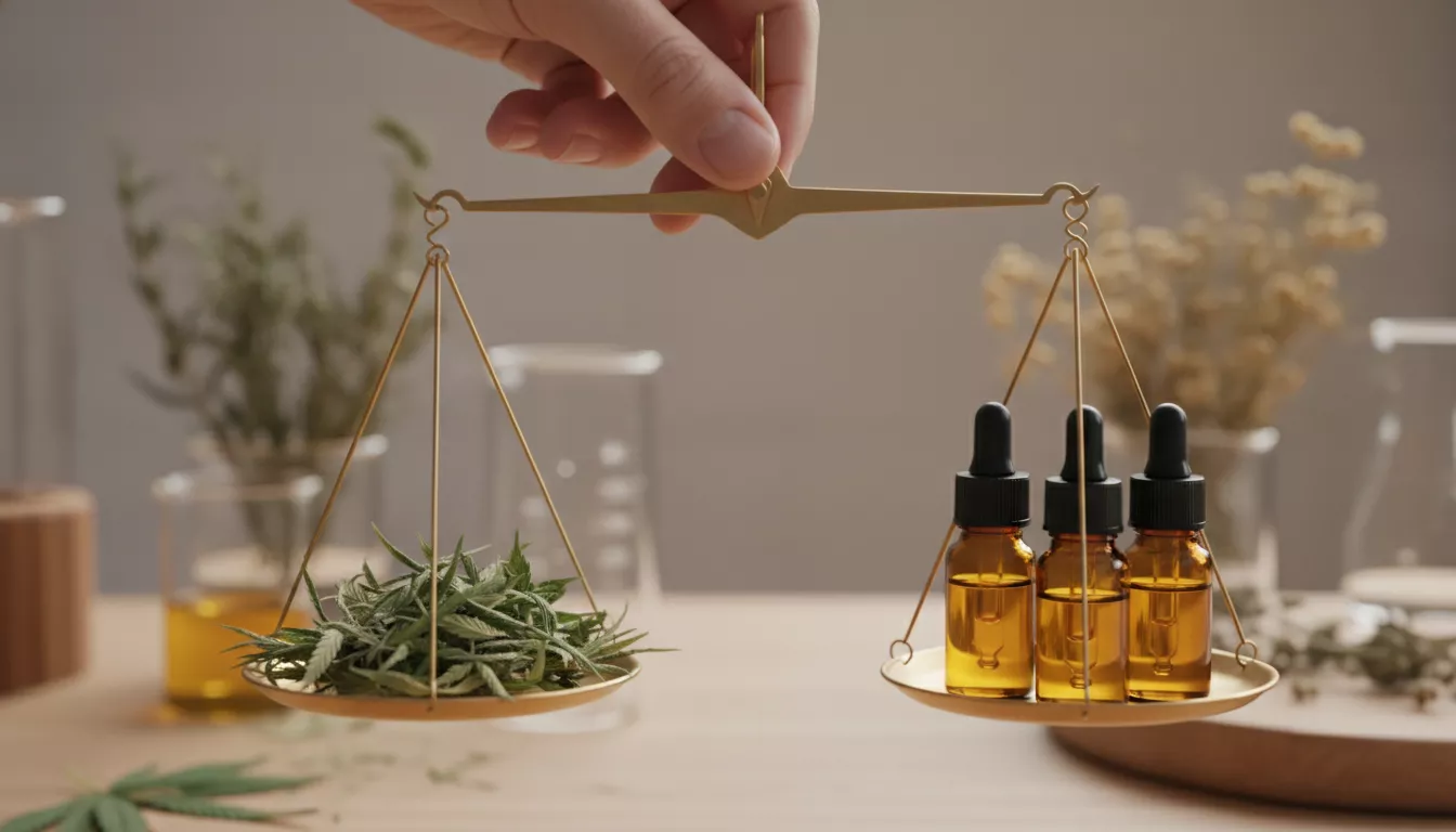 Main tenant une balance de précision avec des feuilles de chanvre d'un côté et des fioles d'huile de CBD de l'autre, symbolisant l'évaluation de la qualité et du prix.