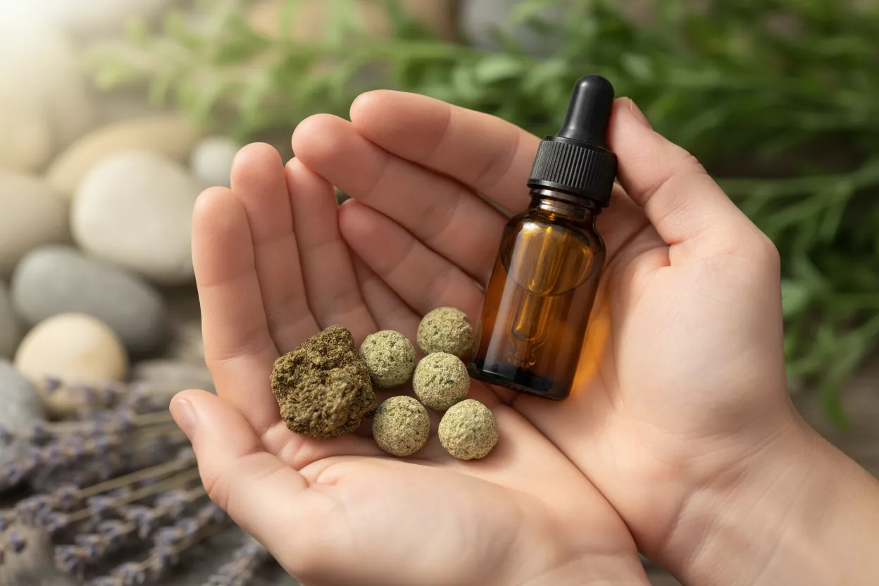 Mains tenant délicatement des pépites de CBD, une fiole d'huile et un morceau de résine sur un fond naturel et apaisant, symbolisant la diversité des choix.