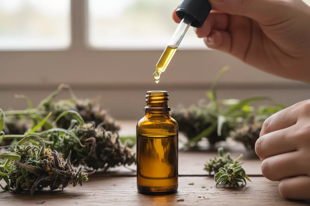Mains tenant une pipette au-dessus d'une fiole d'huile de CBD faite maison, avec des fleurs de chanvre en arrière-plan, symbolisant la production artisanale et le contrôle des ingrédients.