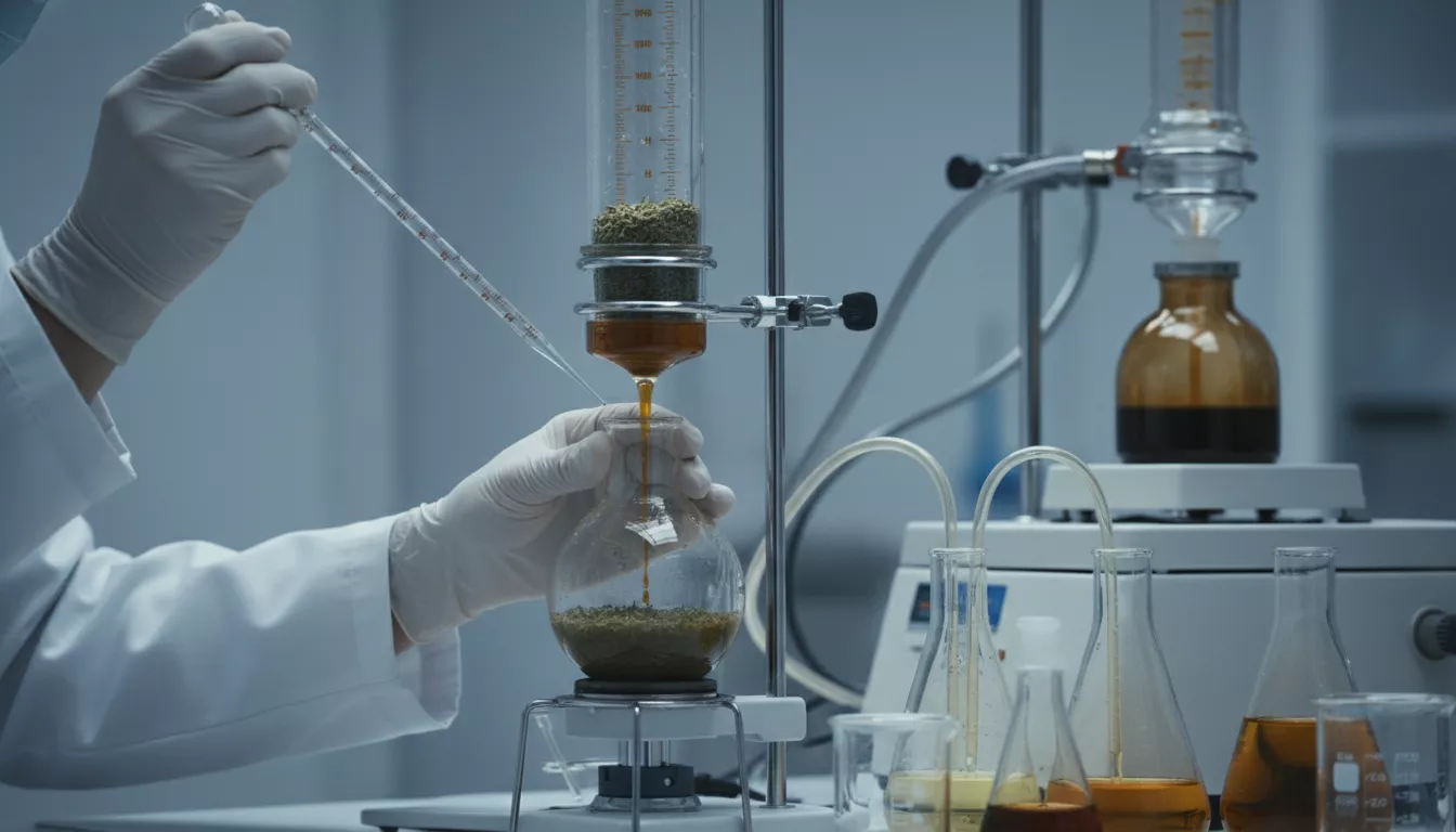 Mains d'un scientifique manipulant des équipements d'extraction pour séparer les composés d'une plante de chanvre, représentant le processus de fabrication du CBD.