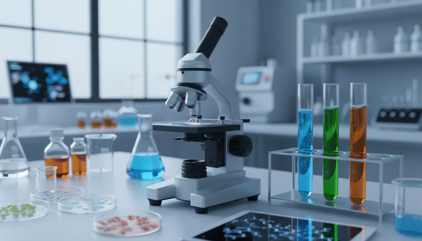 Microscope et éprouvettes dans un laboratoire, symbolisant la recherche scientifique et la découverte