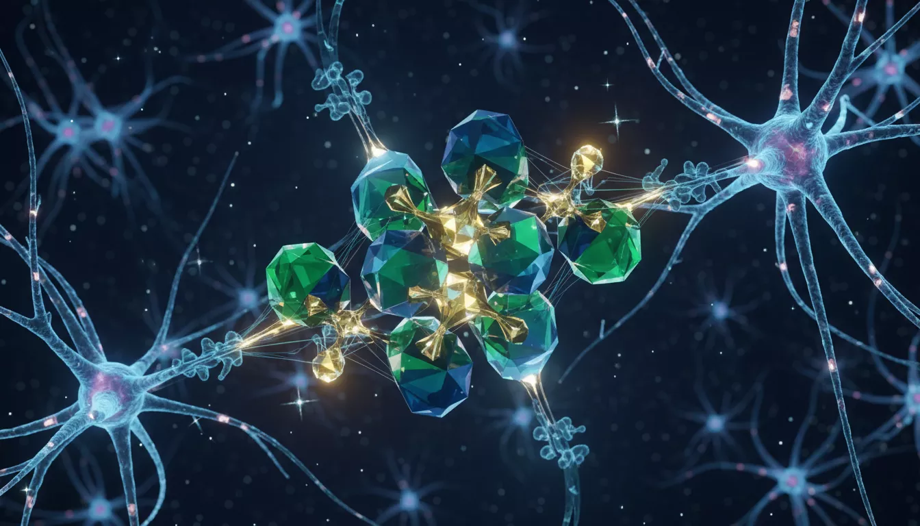 Molécule de CBD stylisée en 3D avec des éléments symbolisant les neurones et le système nerveux en arrière-plan, représentant son action biologique.