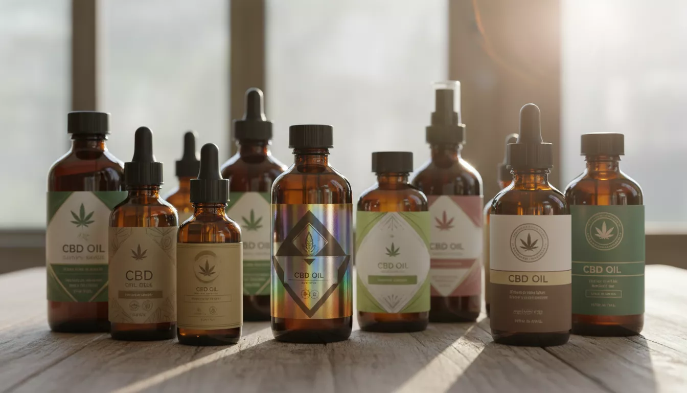 Plusieurs flacons d'huile de CBD aux étiquettes différentes, certains brillants et d'autres plus basiques, illustrant la diversité de l'offre et des gammes de prix sur le marché.