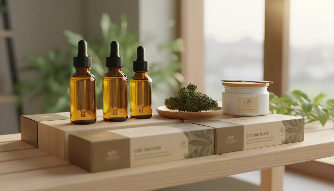 Plusieurs flacons d'huile de CBD, une fleur de chanvre séchée et une crème topique, disposés sur une étagère en bois clair, illustrant la diversité des produits.