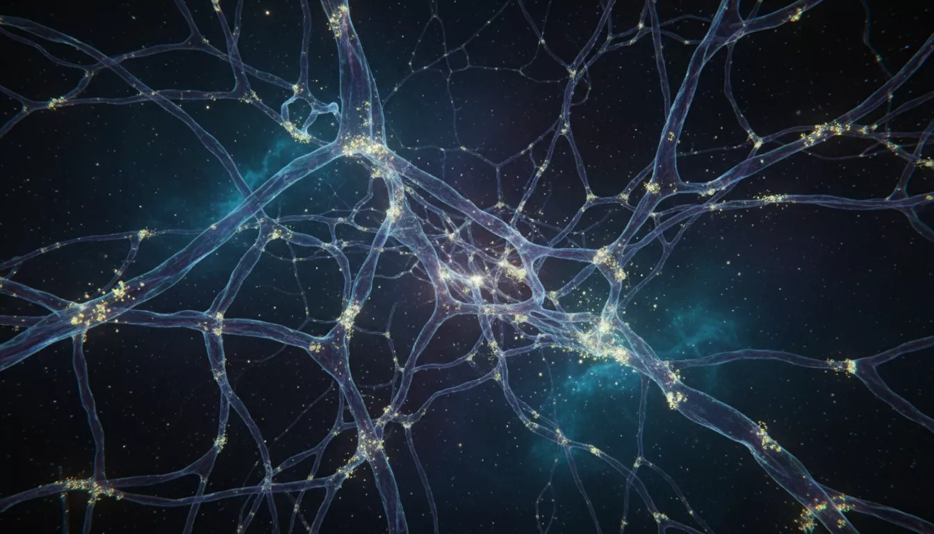 Représentation artistique de neurones interconnectés dans le cerveau, avec des points lumineux symbolisant l'activité des molécules, évoquant le système endocannabinoïde.