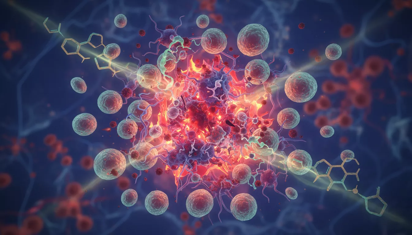 Représentation conceptuelle des cellules immunitaires en action autour d'une zone inflammatoire, avec des molécules de CBD stylisées interagissant avec les récepteurs.