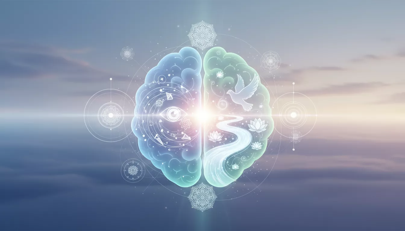 Représentation conceptuelle de l'équilibre mental, avec des symboles de concentration et de sérénité fusionnant dans une composition harmonieuse et douce.