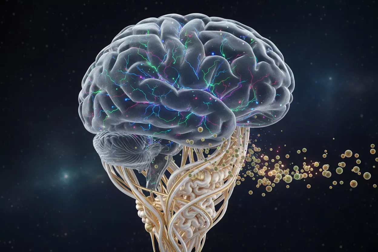 Un cerveau humain stylisé avec des réseaux neuronaux lumineux et des molécules de CBD s'intégrant dans une structure complexe, symbolisant son interaction subtile avec le corps.