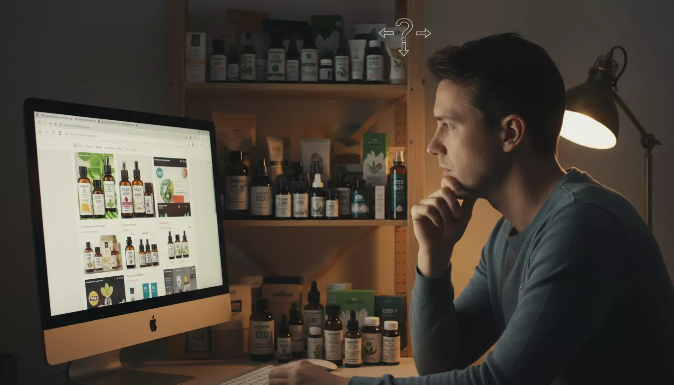 Un consommateur de CBD réfléchissant devant un écran d'ordinateur et une étagère de produits CBD, symbolisant le dilemme du choix d'achat.