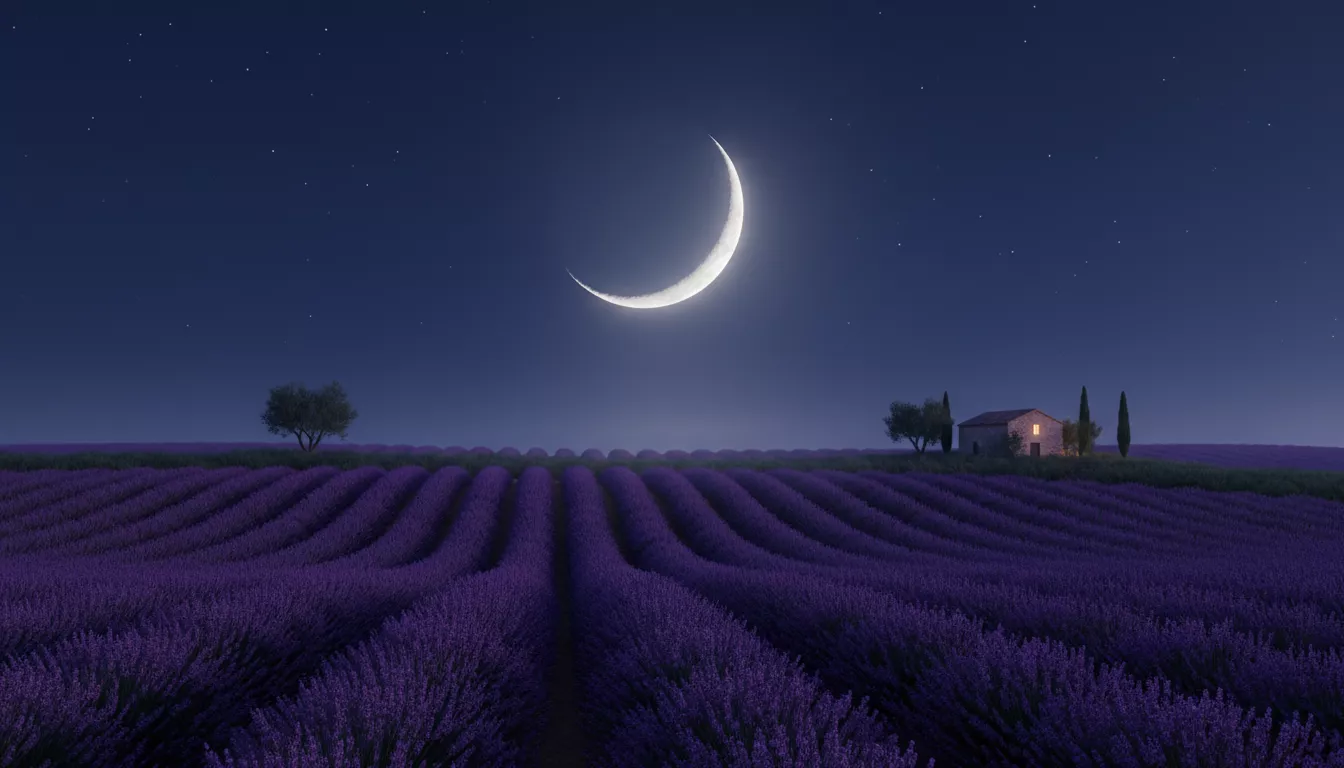 Un croissant de lune brillant au-dessus d'un champ de lavande paisible, symbolisant la sérénité et le sommeil réparateur.