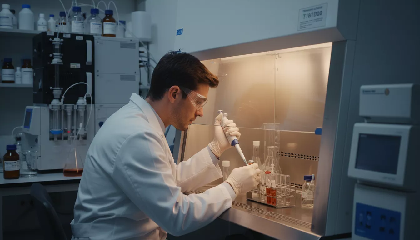 Un technicien de laboratoire manipulant des échantillons de CBD sous une hotte, avec des équipements de chromatographie en arrière-plan, symbolisant les tests de pureté et de conformité.