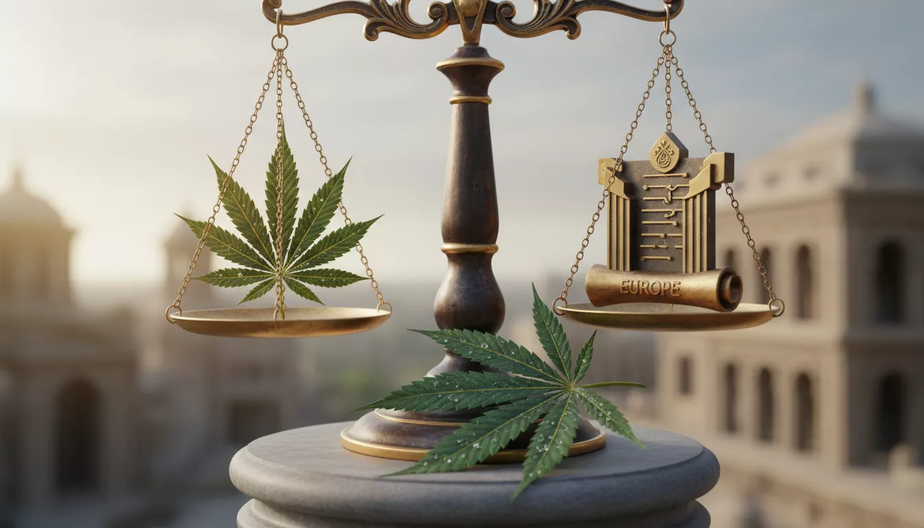 Une balance de justice stylisée avec une feuille de cannabis au premier plan, symbolisant l'équilibre délicat entre la loi et la légalisation du CBD en Europe.