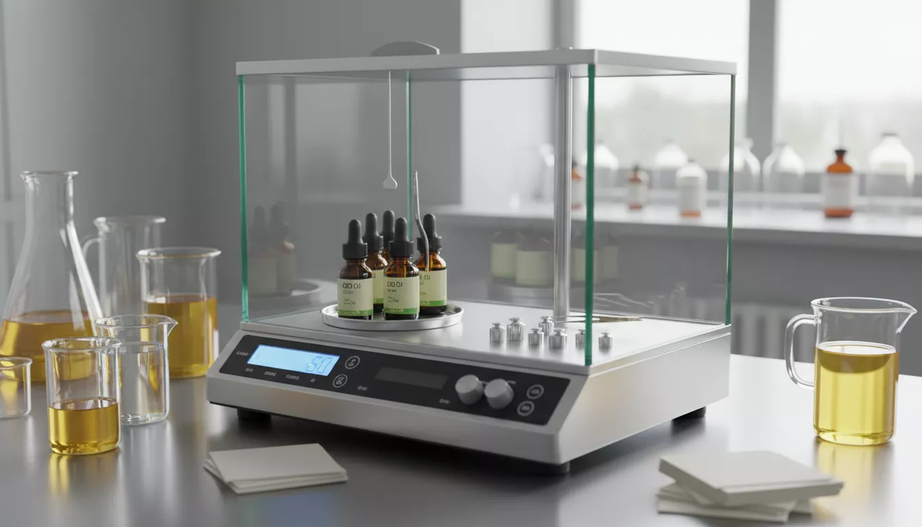 Une balance de précision et des flacons d'huile de CBD, symbolisant la recherche d'un équilibre et d'un dosage précis.