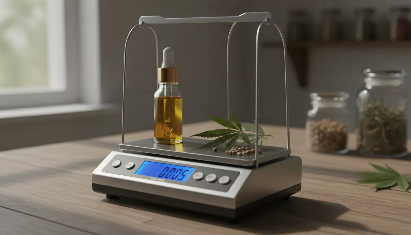 Une balance de précision avec une petite fiole d'huile de CBD et quelques feuilles de chanvre, symbolisant un dosage précis et mesuré.