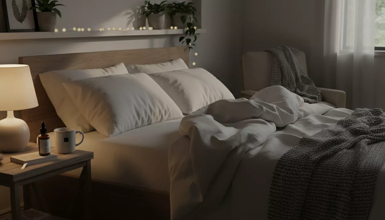 Une chambre cosy avec une lumière tamisée, des draps froissés et un petit flacon d'huile de CBD sur la table de chevet, suggérant la relaxation avant le sommeil.