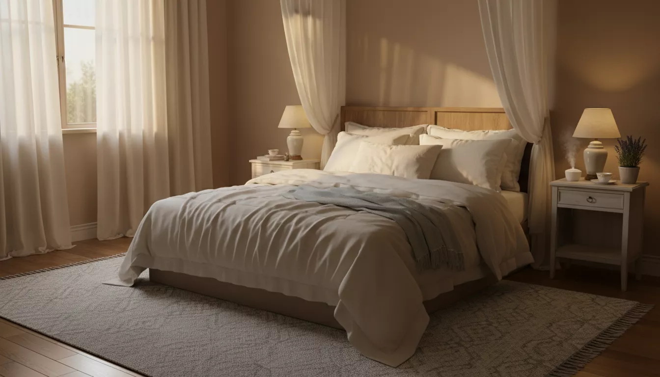 Une chambre à coucher paisible avec des draps clairs et une lumière tamisée, symbolisant la détente avant le sommeil.