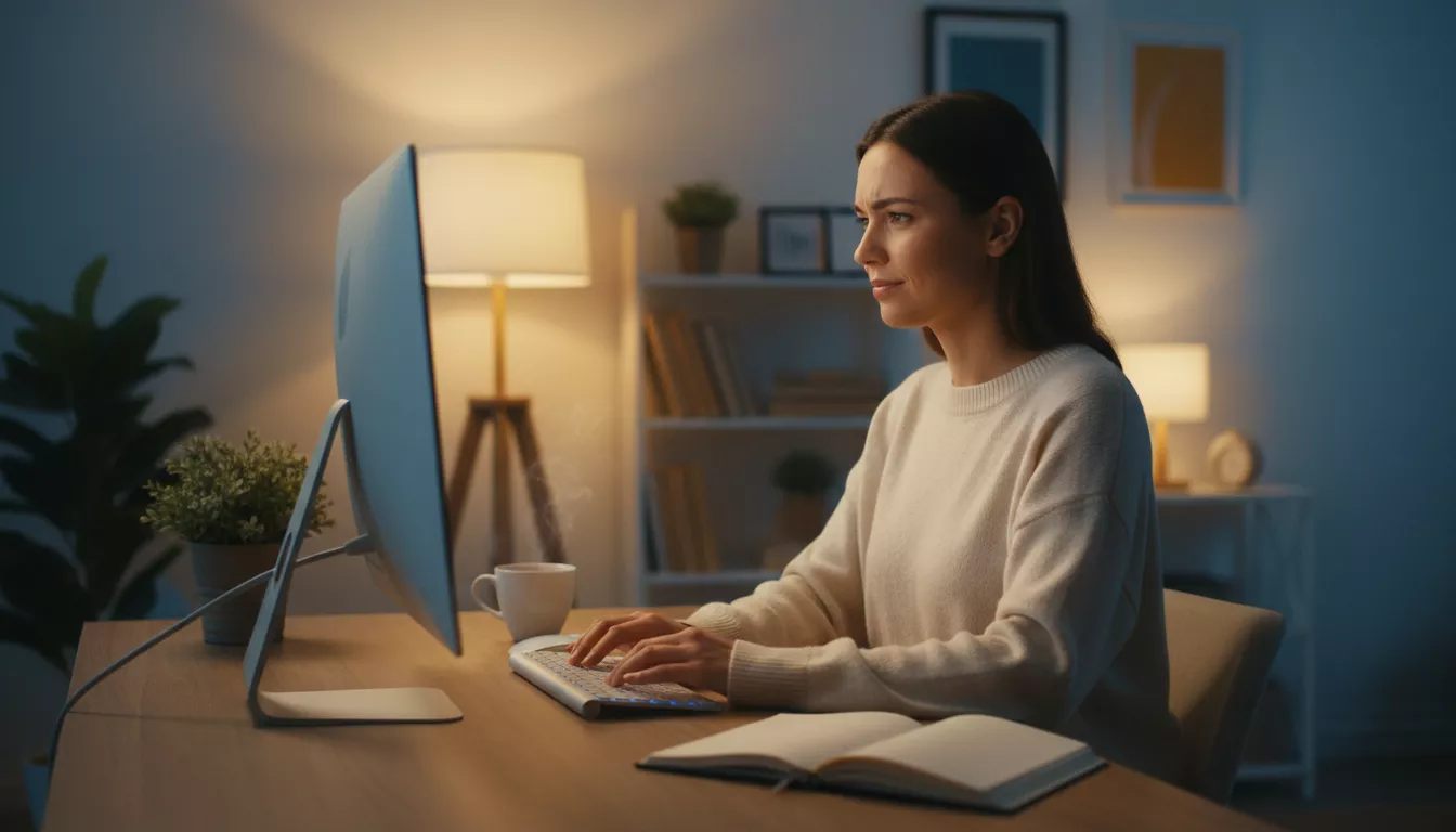 Une femme concentrée devant son ordinateur, avec une lumière douce et une ambiance calme, symbolisant la productivité et la clarté d'esprit