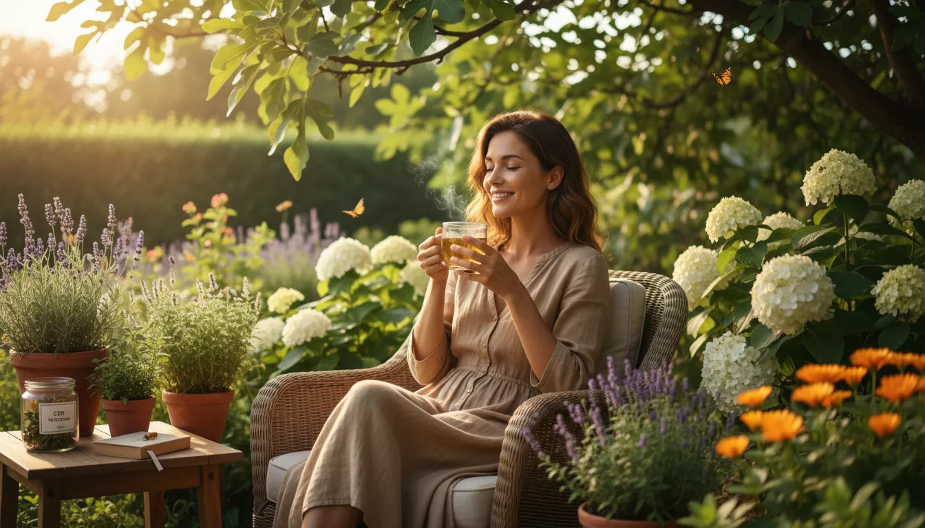 Une femme souriante et sereine buvant une tasse de tisane au CBD dans un jardin ensoleillé, incarnant la tranquillité.