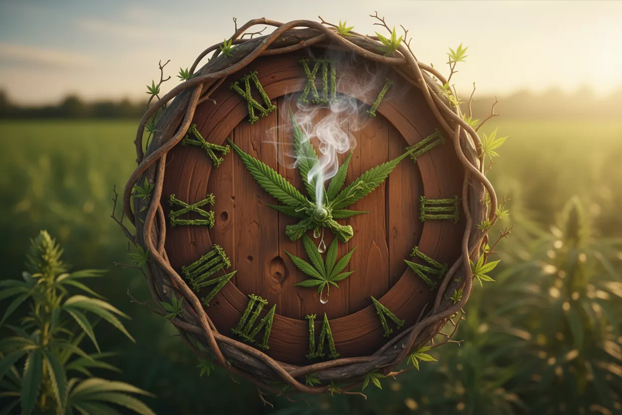 Une horloge stylisée avec des aiguilles faites de feuilles de chanvre, symbolisant le timing idéal pour la consommation de CBD.
